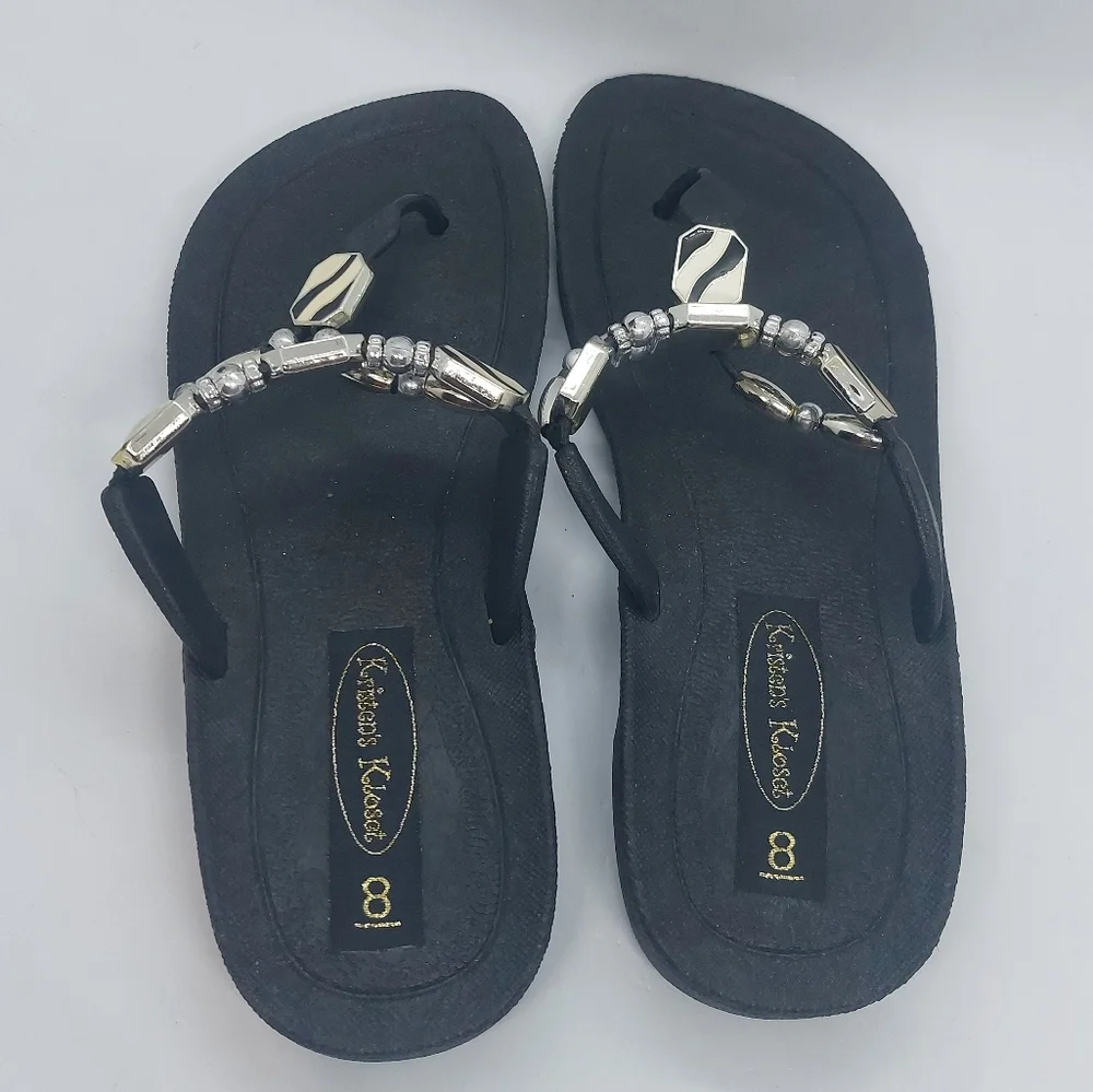 Kristen's Kloset Sandals Beach Pool Thong Jeweled Flip Flops Black Size 8